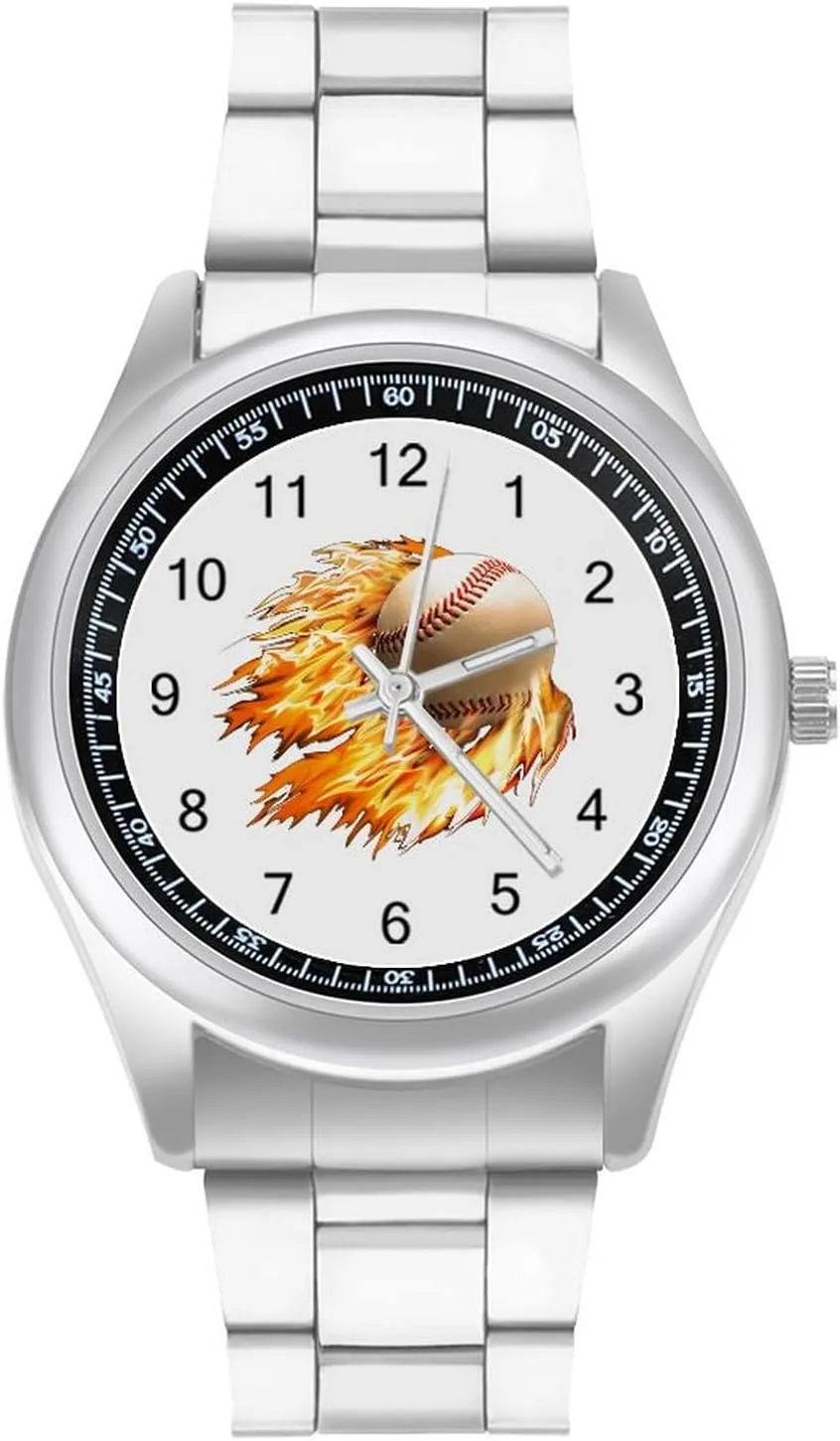 Easy Reader Work Casual Watch Baseball on Fire Stainless Steel Strap Simple daddy Business Watches for Men 
