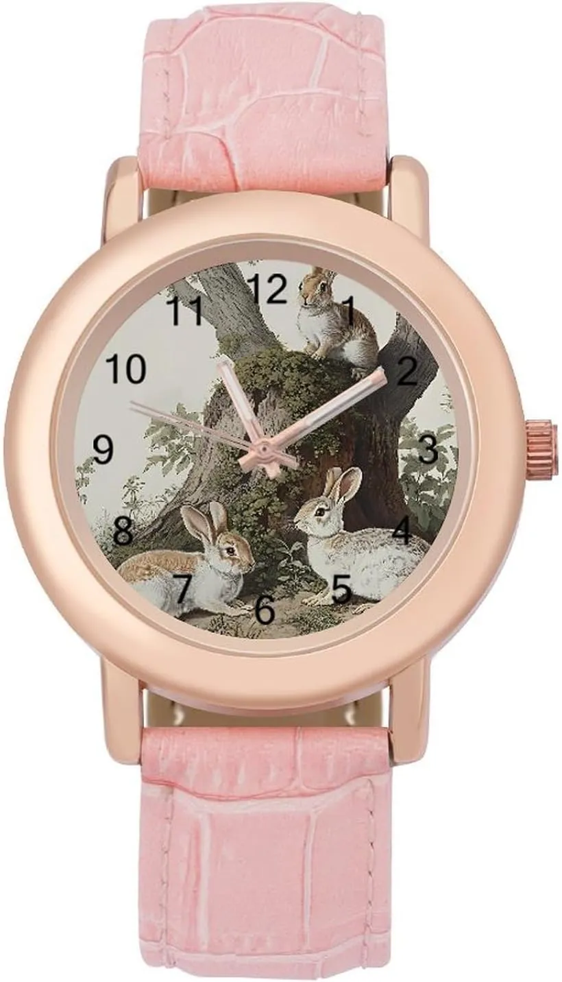 edible herring altruistic bake flake Watch Fashion Three-Hand Watch Gift for Ladies Rabbits Under The Tree Wrist Watches for Women Pink Leather Band 