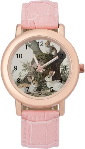 edible herring altruistic bake flake Watch Fashion Three-Hand Watch Gift for Ladies Rabbits Under The Tree Wrist Watches for Women Pink Leather Band 