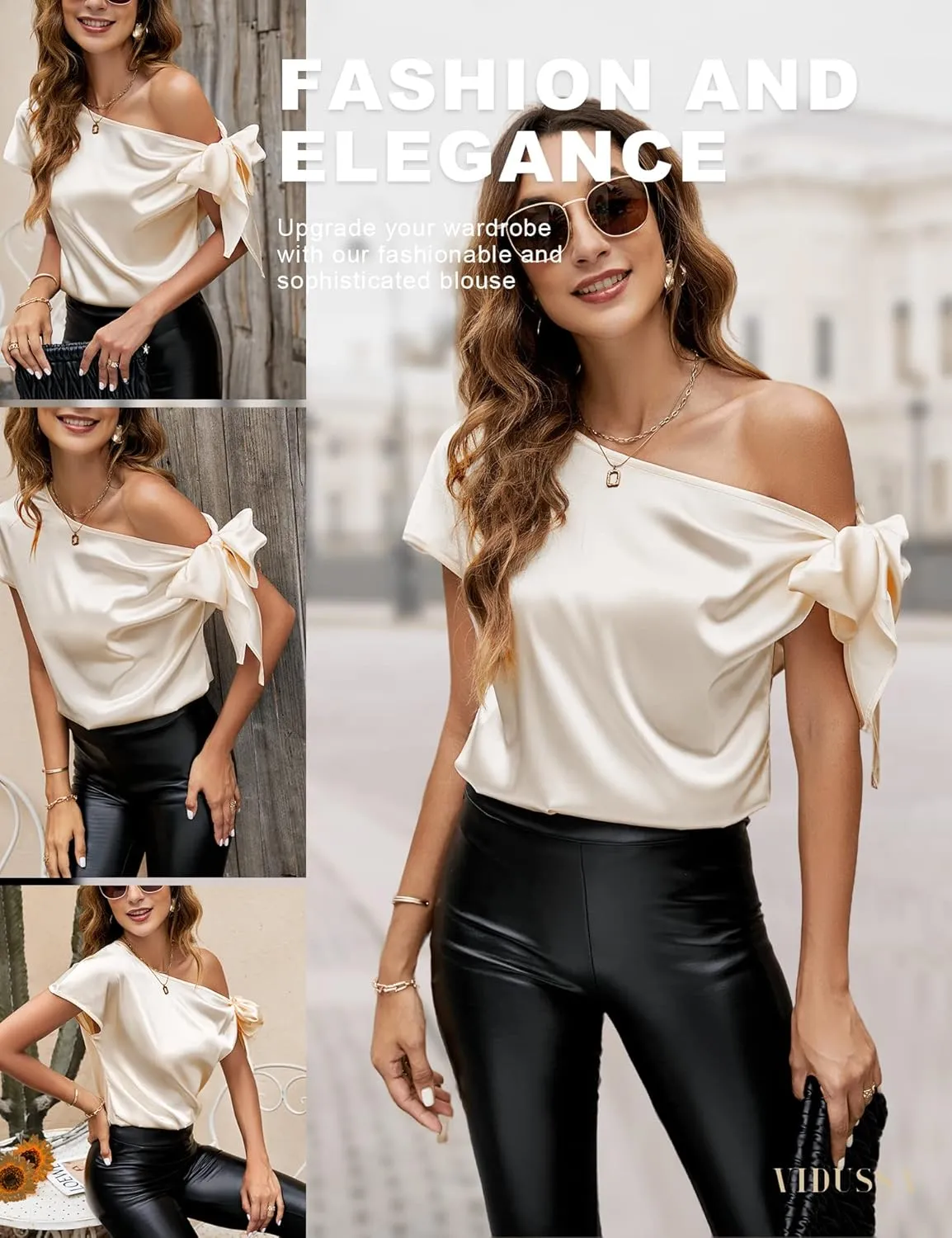 electromagnetic restrain Short Sleeve Asymmetrical Neck Satin Blouse Shirts VIDUSSA Women's Off Shoulder Silk Tops Casual 