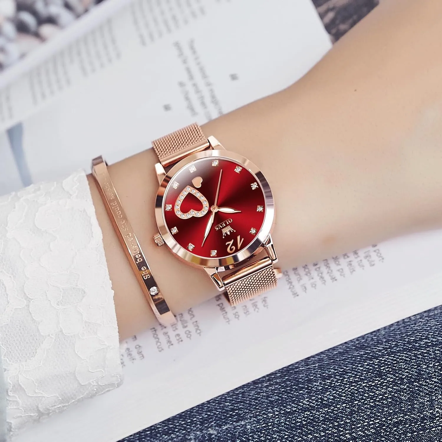 Elegant Rose Gold Small Wrist Ladies Watch, Sophisticated Waterproof secret memorize dog Mesh Bracelet Quartz Watch for Women OLEVS Women Watches, 