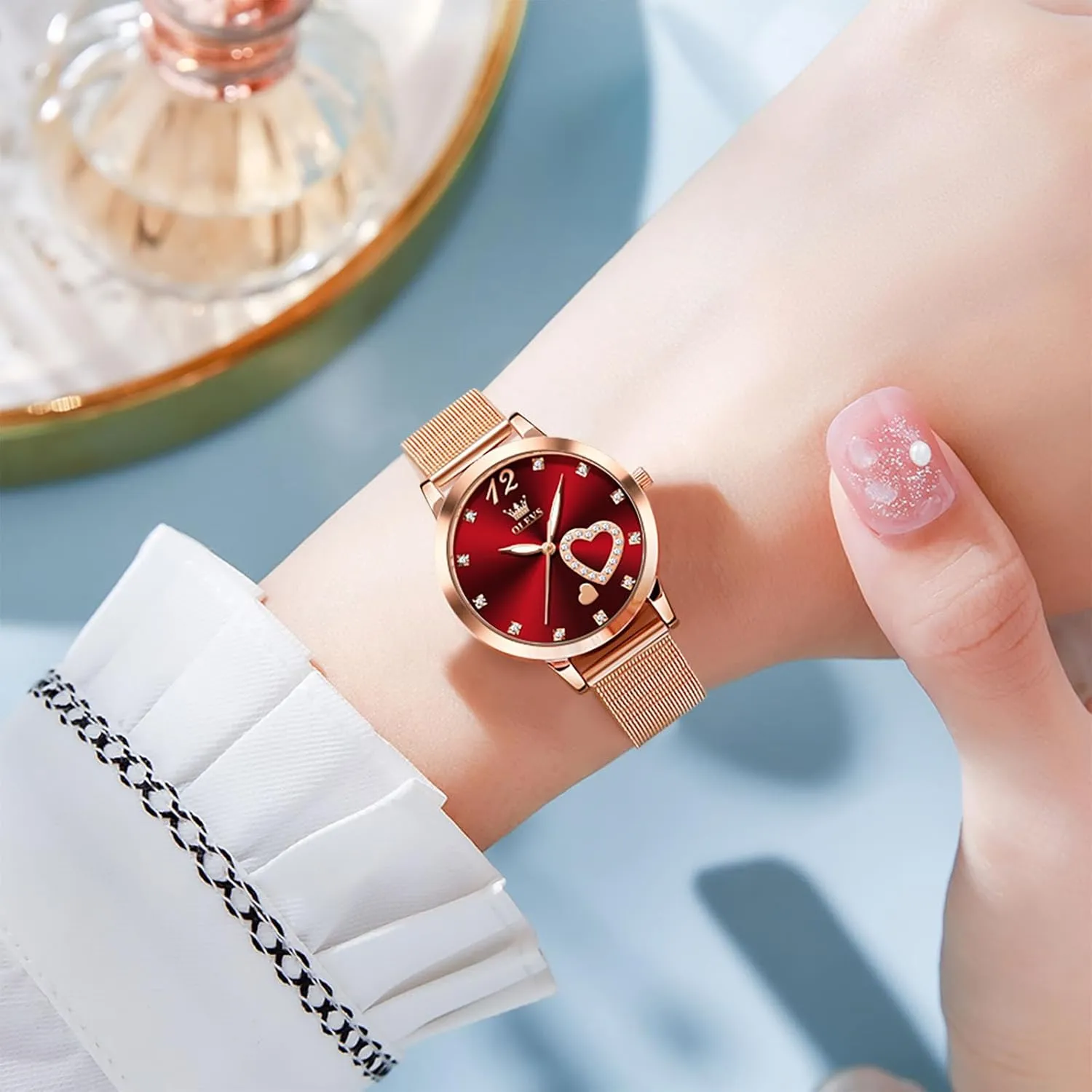 Elegant Rose Gold Small Wrist Ladies Watch, Sophisticated Waterproof secret memorize dog Mesh Bracelet Quartz Watch for Women OLEVS Women Watches, 