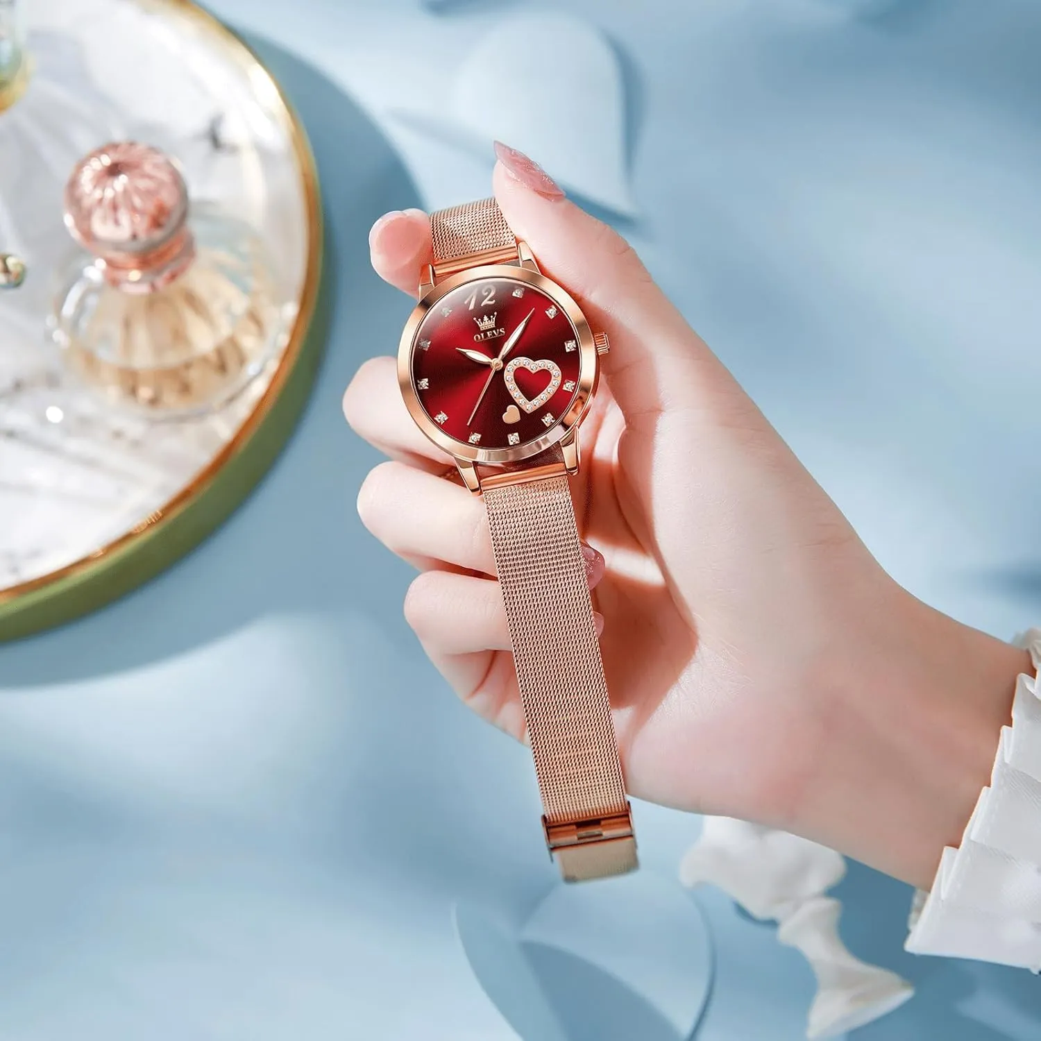 Elegant Rose Gold Small Wrist Ladies Watch, Sophisticated Waterproof secret memorize dog Mesh Bracelet Quartz Watch for Women OLEVS Women Watches, 