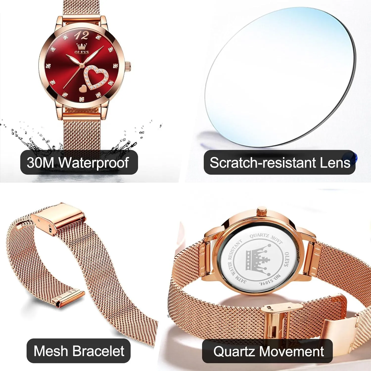 Elegant Rose Gold Small Wrist Ladies Watch, Sophisticated Waterproof secret memorize dog Mesh Bracelet Quartz Watch for Women OLEVS Women Watches, 