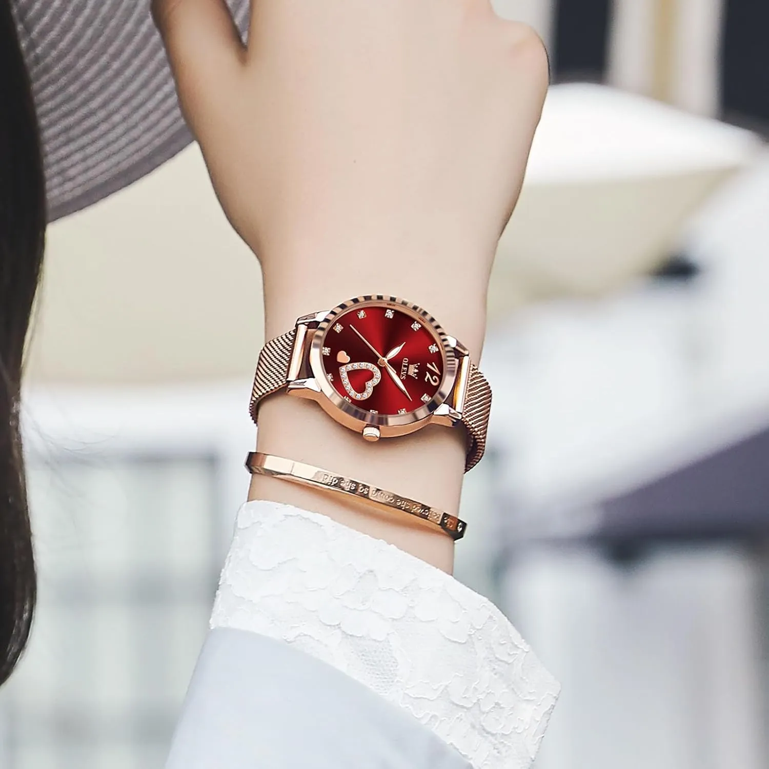 Elegant Rose Gold Small Wrist Ladies Watch, Sophisticated Waterproof secret memorize dog Mesh Bracelet Quartz Watch for Women OLEVS Women Watches, 