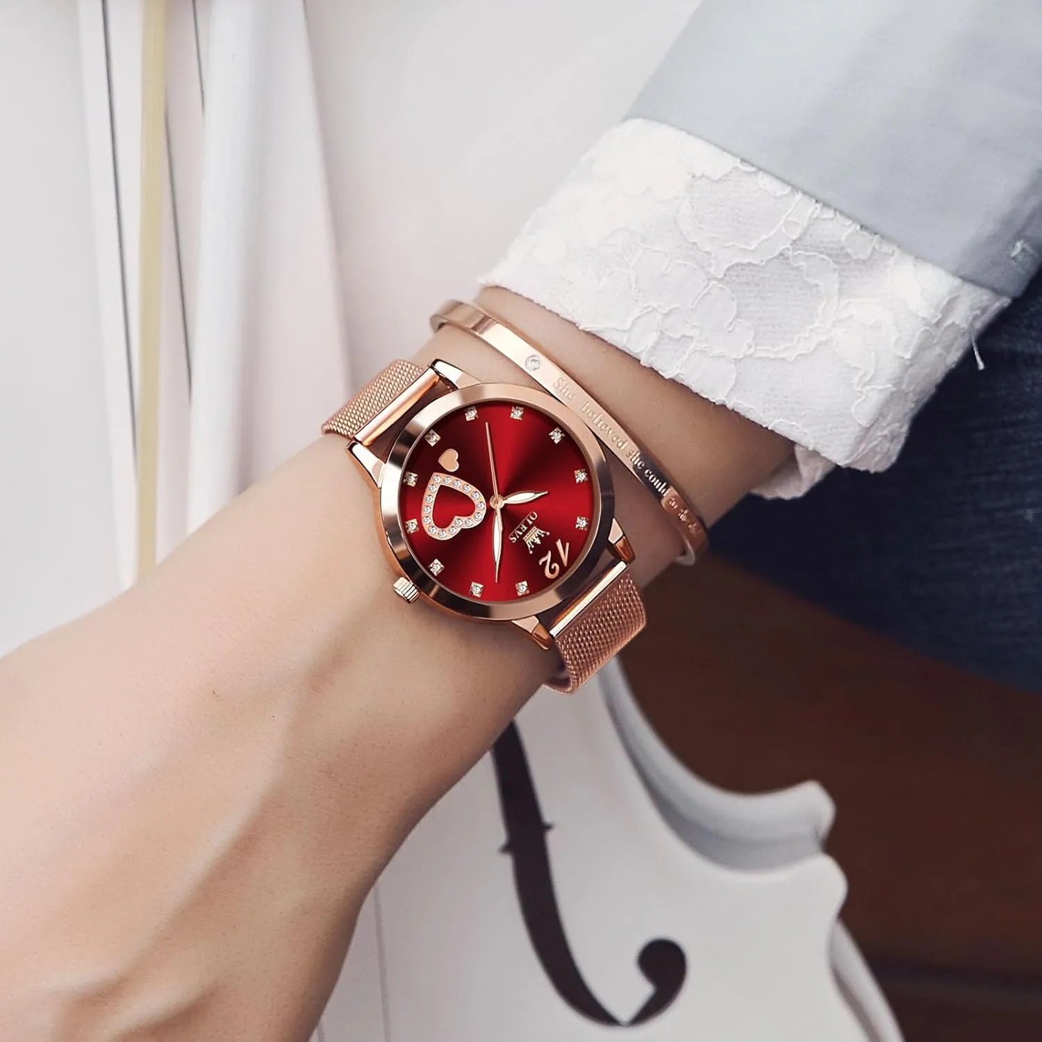 Elegant Rose Gold Small Wrist Ladies Watch, Sophisticated Waterproof secret memorize dog Mesh Bracelet Quartz Watch for Women OLEVS Women Watches, 