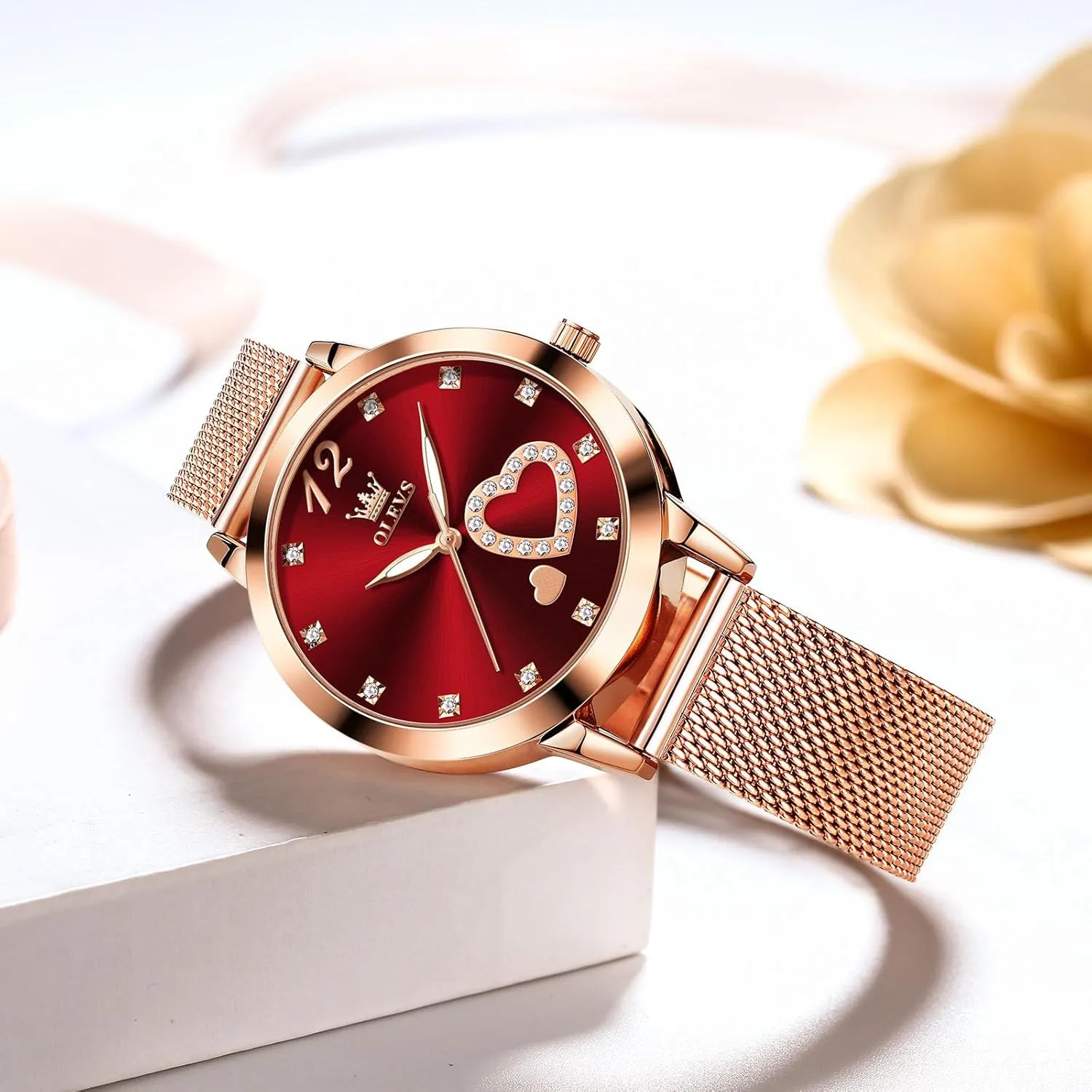 Elegant Rose Gold Small Wrist Ladies Watch, Sophisticated Waterproof secret memorize dog Mesh Bracelet Quartz Watch for Women OLEVS Women Watches, 