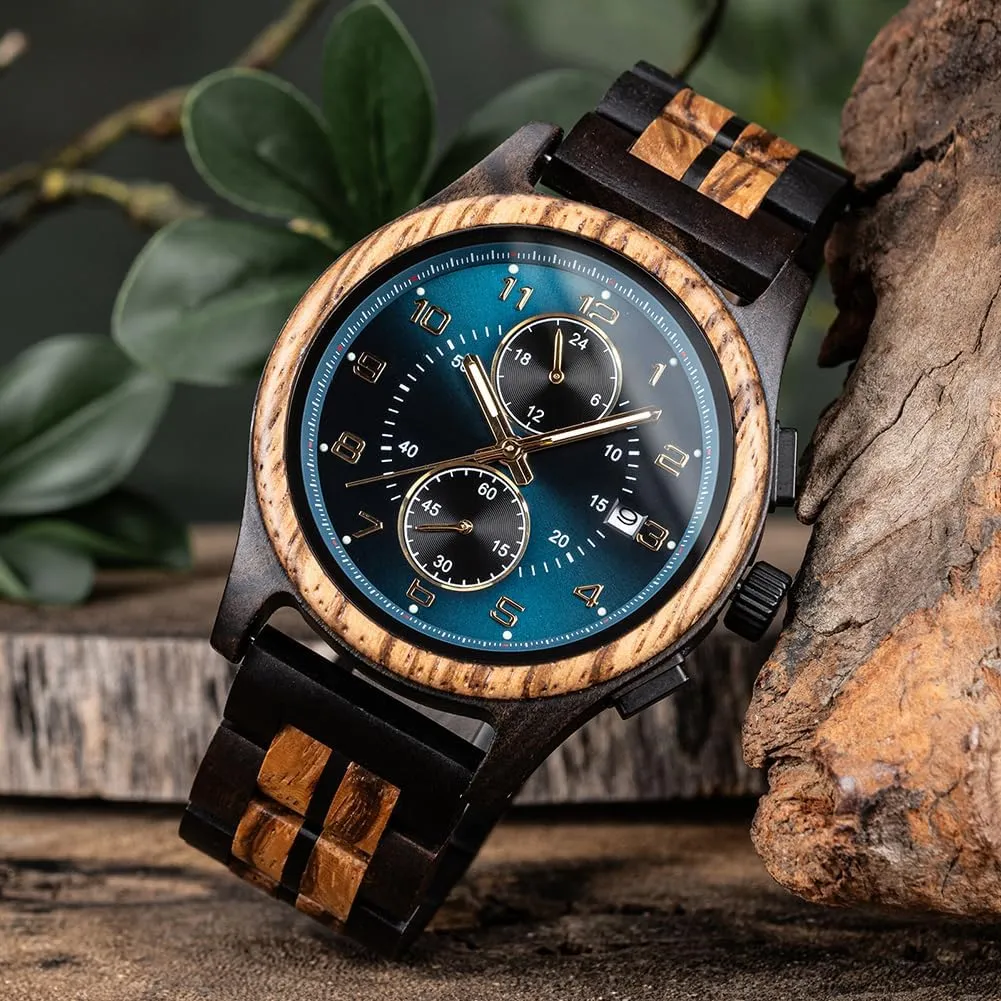 Engraved flax Back and Wood Gift Box Analog Wood Wristwatch for Anniversary Birthday Xmas Personalized Customized Mens Wooden Watch with Chronograph Quartz Movement Luminous Hands Date Display Running Second Sub Dial Custom 