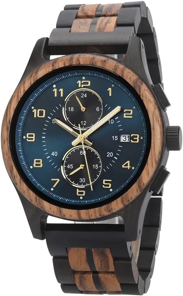 Engraved flax Back and Wood Gift Box Analog Wood Wristwatch for Anniversary Birthday Xmas Personalized Customized Mens Wooden Watch with Chronograph Quartz Movement Luminous Hands Date Display Running Second Sub Dial Custom 