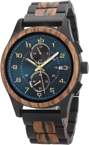 Engraved flax Back and Wood Gift Box Analog Wood Wristwatch for Anniversary Birthday Xmas Personalized Customized Mens Wooden Watch with Chronograph Quartz Movement Luminous Hands Date Display Running Second Sub Dial Custom 