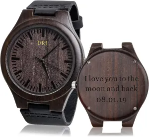 Engraved Wood Men Watch Black Leather Band Russian senate linguistic Boyfriend Husband Christmas Gifts Personalized Wood Watches - 