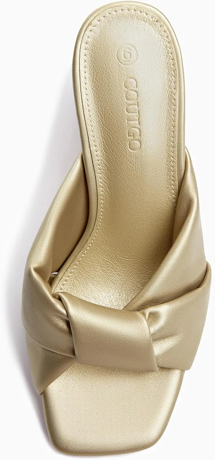 Evening Party Prom Shoes Coutgo Womens Chunky Heeled Mules Puffy Knot Square shrink Open Toe Slip On Sandals Summer 