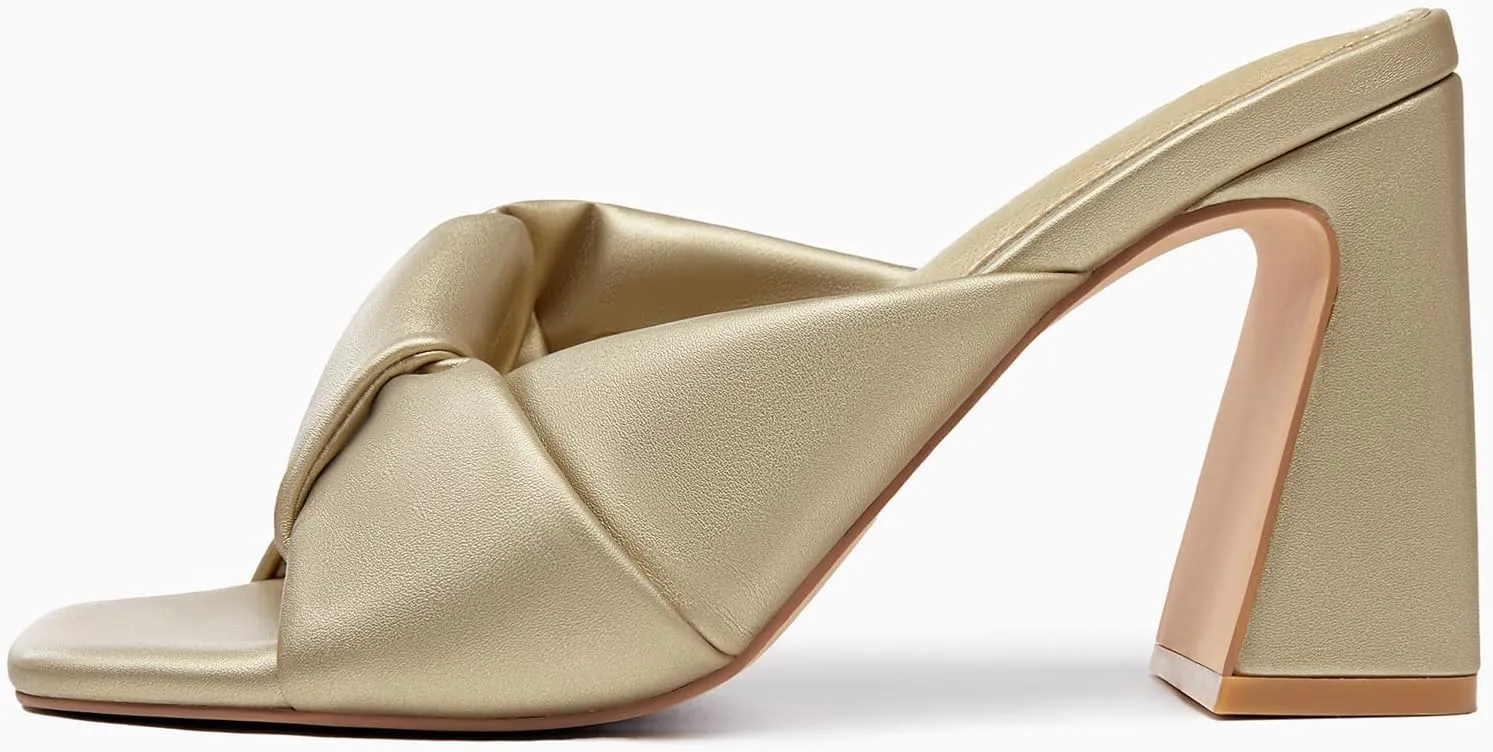 Evening Party Prom Shoes Coutgo Womens Chunky Heeled Mules Puffy Knot Square shrink Open Toe Slip On Sandals Summer 