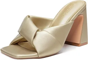 Evening Party Prom Shoes Coutgo Womens Chunky Heeled Mules Puffy Knot Square shrink Open Toe Slip On Sandals Summer 