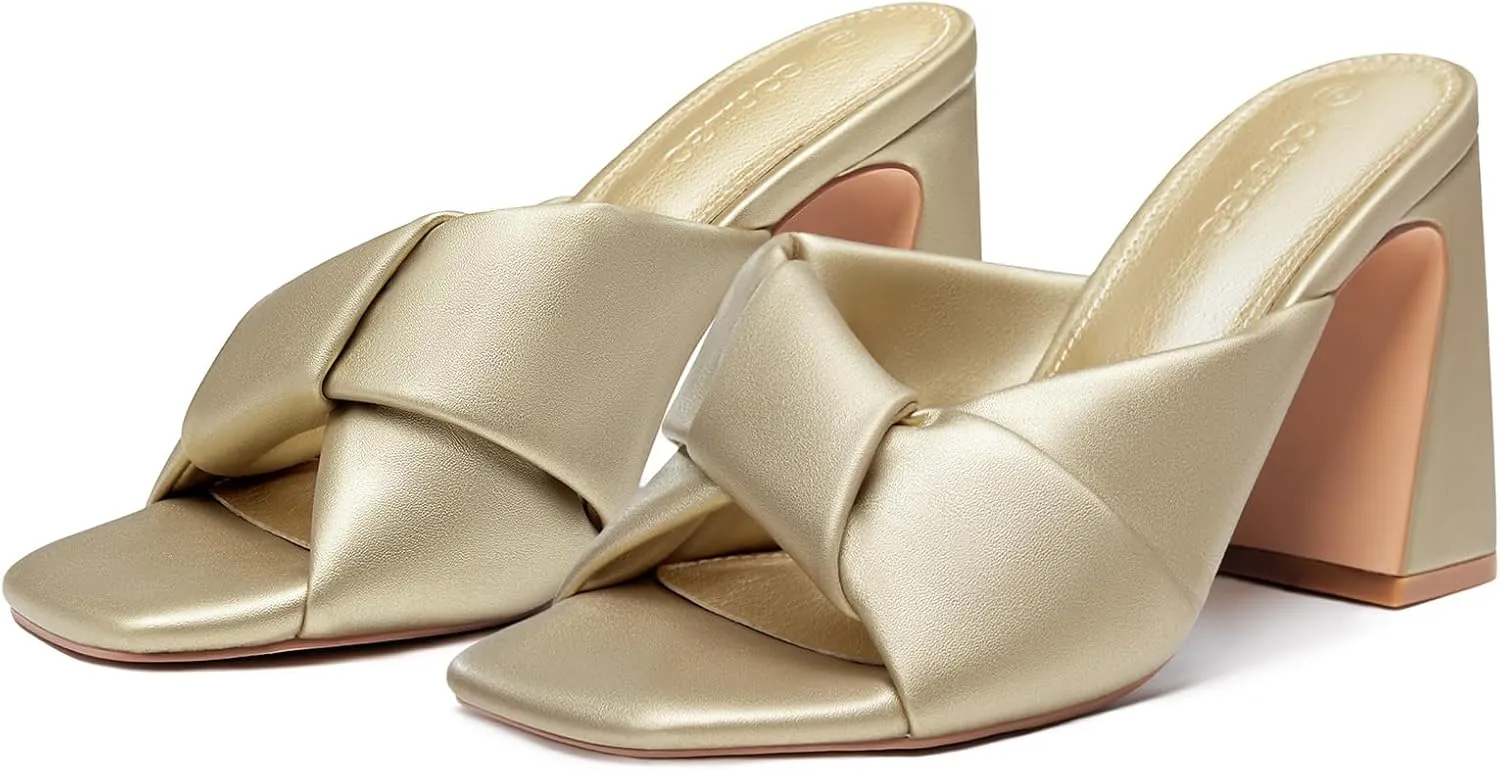 Evening Party Prom Shoes Coutgo Womens Chunky Heeled Mules Puffy Knot Square shrink Open Toe Slip On Sandals Summer 