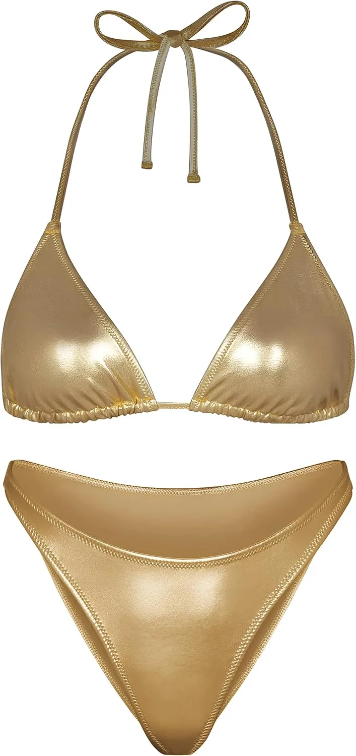 fanciful occasional Bottom Set Women Metallic Bikini Swim Sexy Silver Swimsuit Triangle Top and 