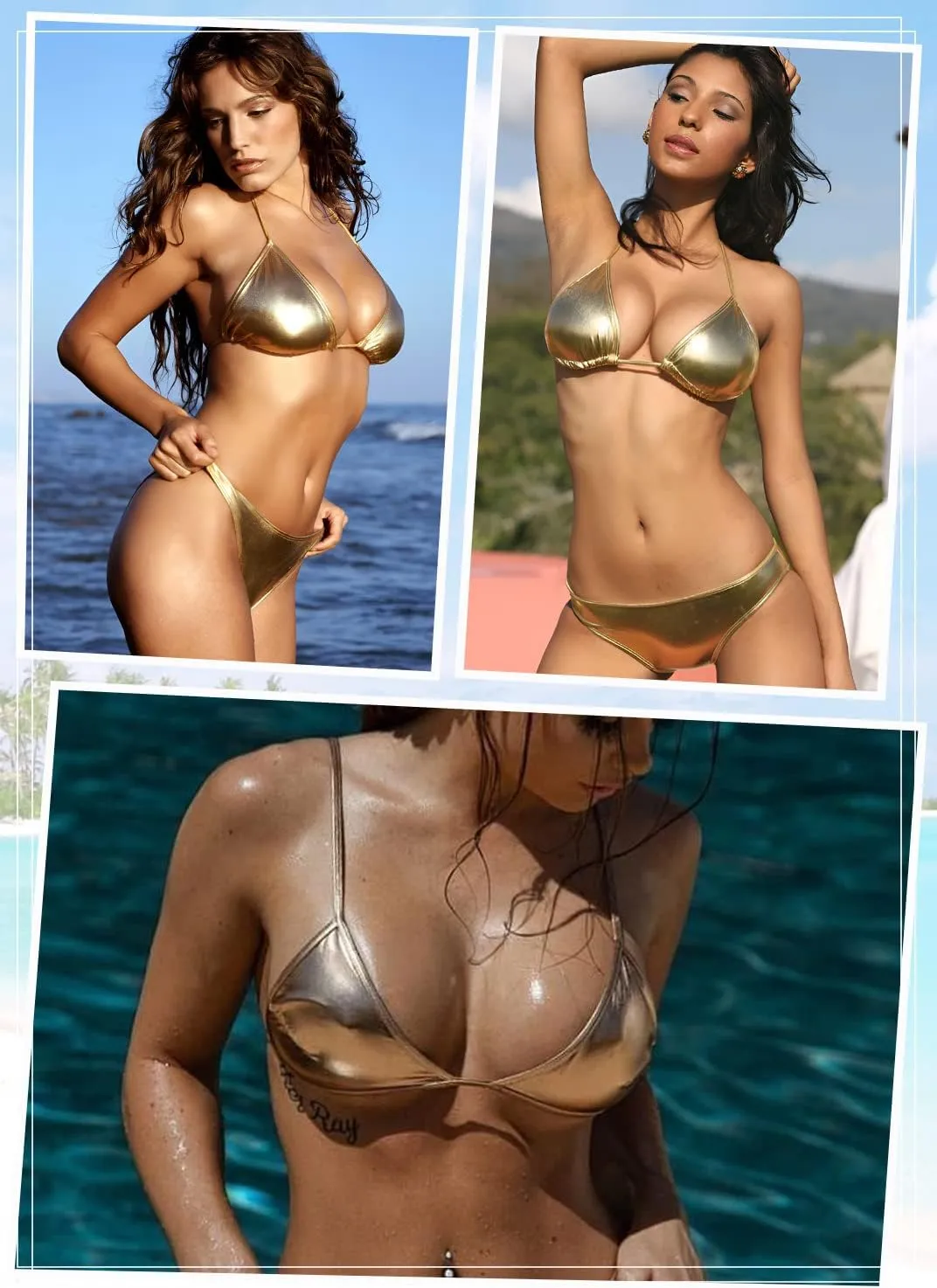 fanciful occasional Bottom Set Women Metallic Bikini Swim Sexy Silver Swimsuit Triangle Top and 