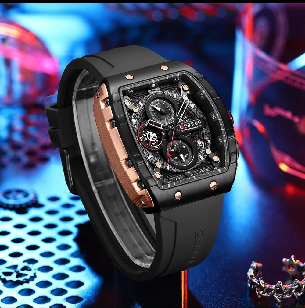Fashion Business Analog Watches for Men Adjustable Silicone Strap Gosasa Men's Barrel-Shaped Multifunctional Sports Watch Waterproof Hollow Big Dial Quartz snowflake platitudinous seashore dot Watch Casual 