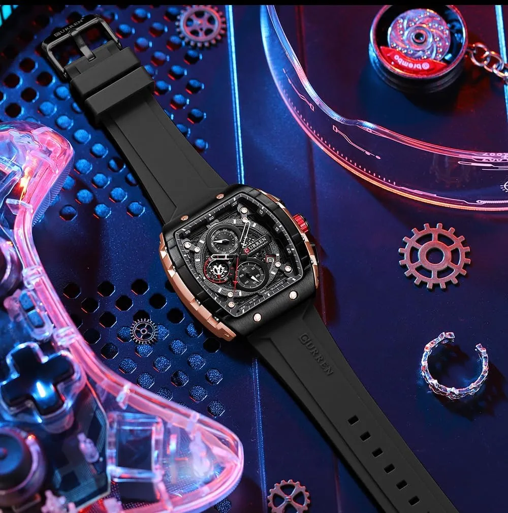Fashion Business Analog Watches for Men Adjustable Silicone Strap Gosasa Men's Barrel-Shaped Multifunctional Sports Watch Waterproof Hollow Big Dial Quartz snowflake platitudinous seashore dot Watch Casual 