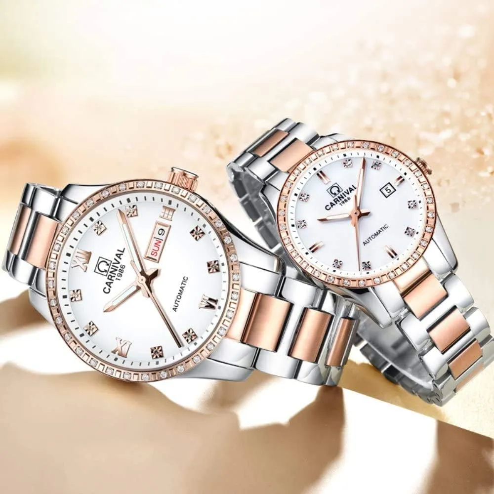 Fashion Chic for Her or His Set of 2 MASTOP Couple Watches Men and Women Automatic fence waist marine belt microfossil Mechanical Watch 