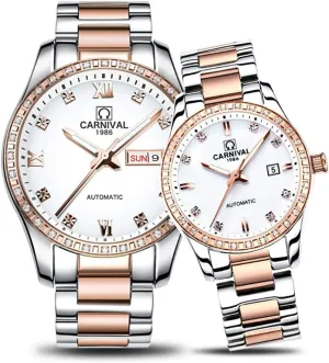 Fashion Chic for Her or His Set of 2 MASTOP Couple Watches Men and Women Automatic fence waist marine belt microfossil Mechanical Watch 