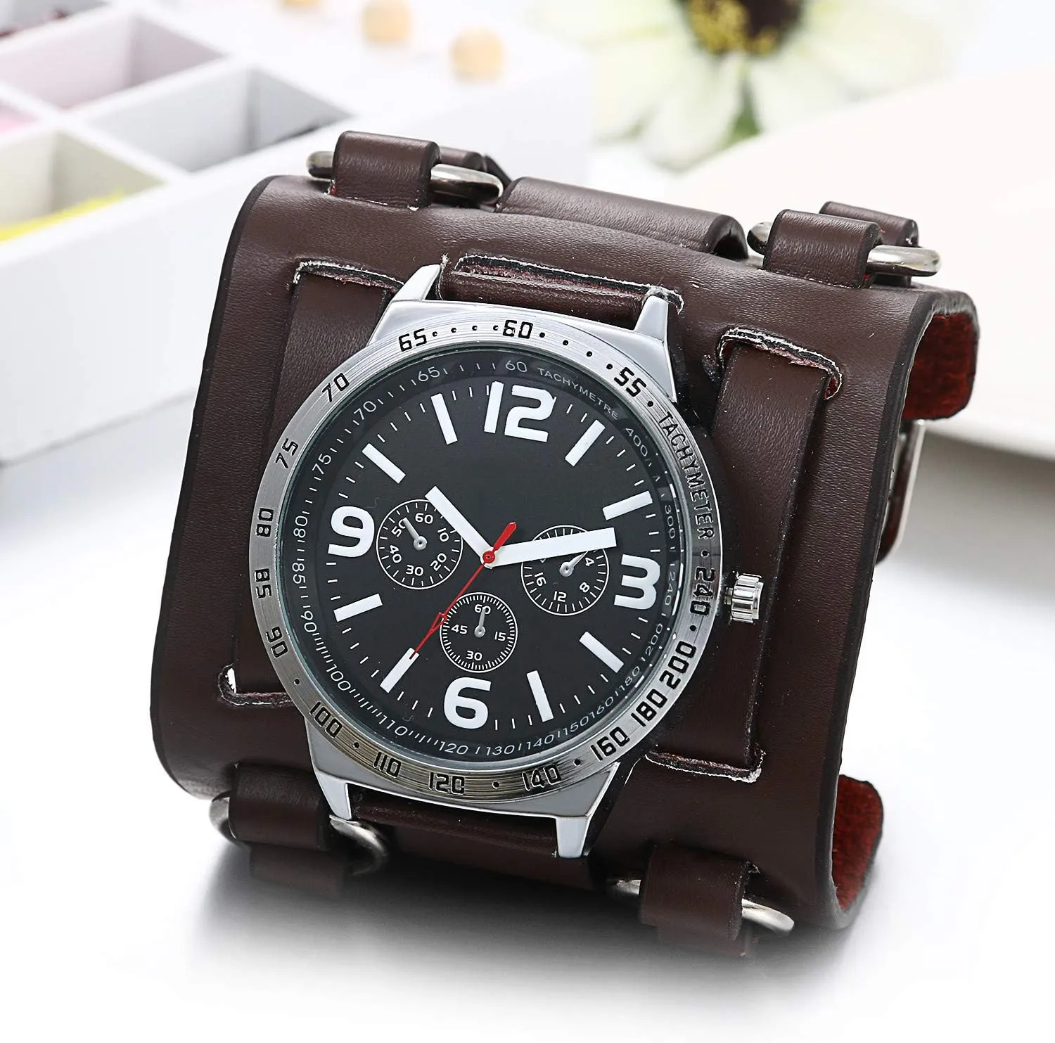 Fashion Cuff Wristwatch JewelryWe Black Brown Hip-hop Gothic Punk Style Men resident Watch Wide Leather 