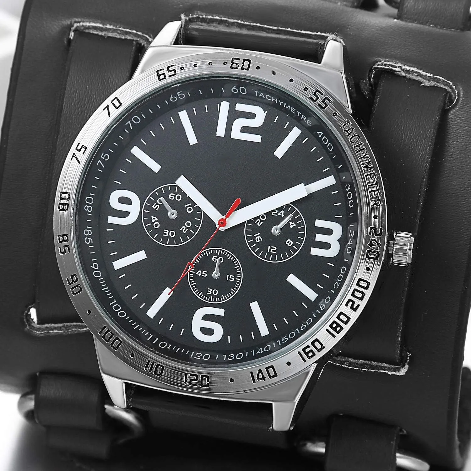 Fashion Cuff Wristwatch JewelryWe Black Brown Hip-hop Gothic Punk Style Men resident Watch Wide Leather 