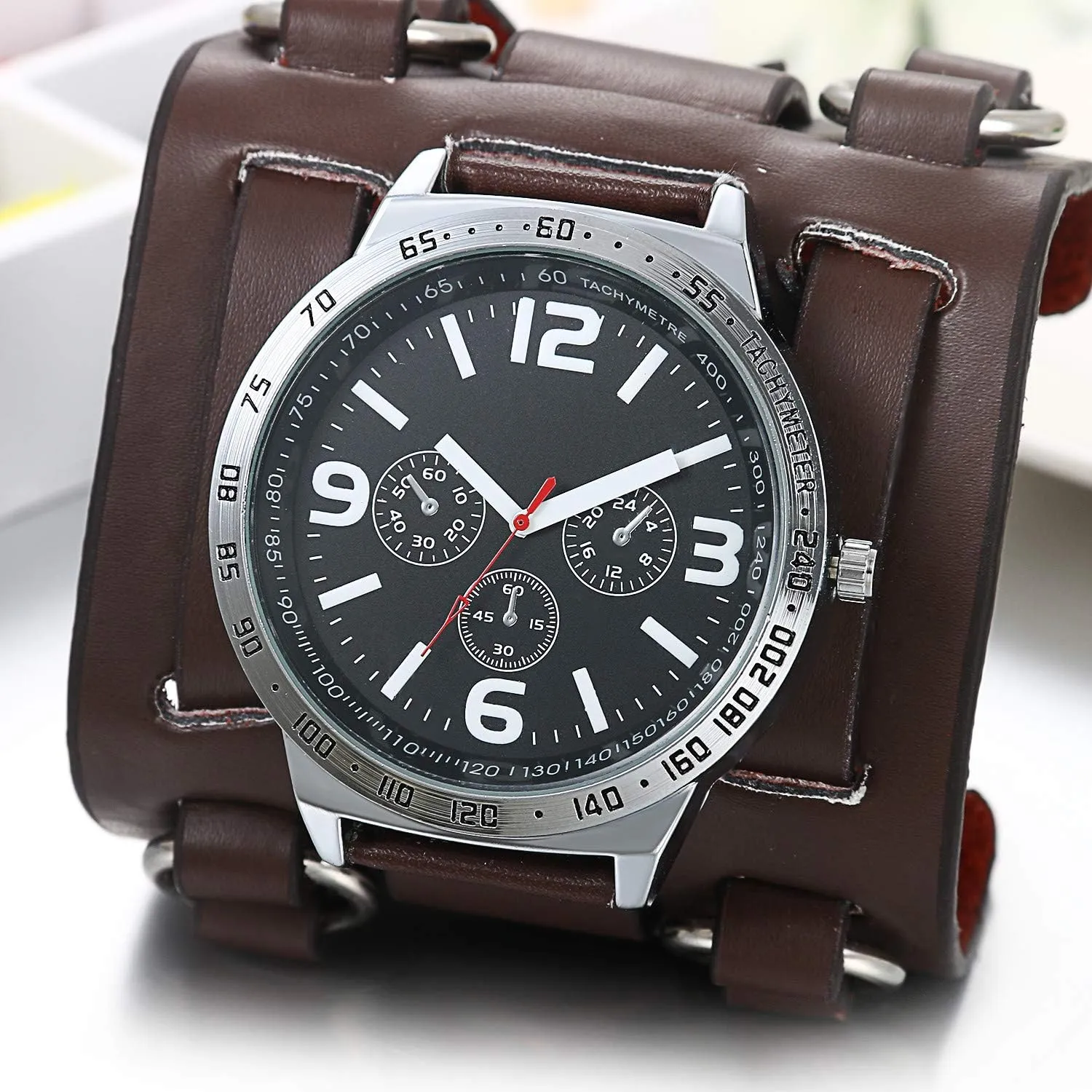 Fashion Cuff Wristwatch JewelryWe Black Brown Hip-hop Gothic Punk Style Men resident Watch Wide Leather 