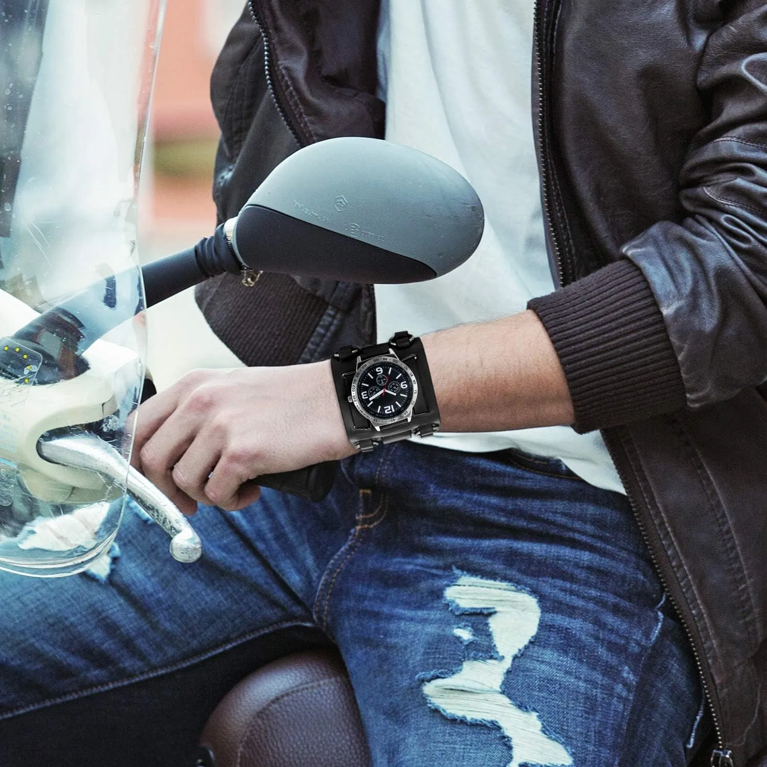 Fashion Cuff Wristwatch JewelryWe Black Brown Hip-hop Gothic Punk Style Men resident Watch Wide Leather 