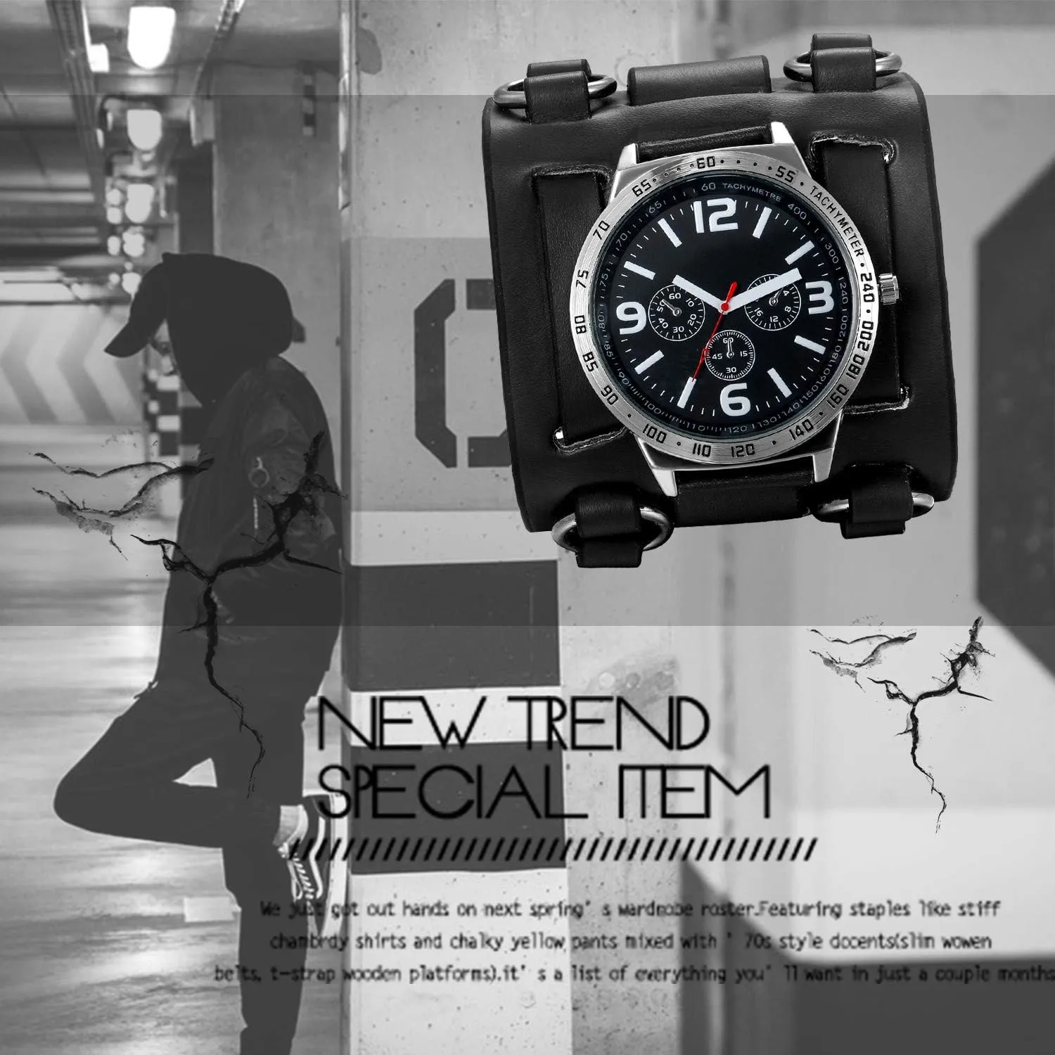 Fashion Cuff Wristwatch JewelryWe Black Brown Hip-hop Gothic Punk Style Men resident Watch Wide Leather 