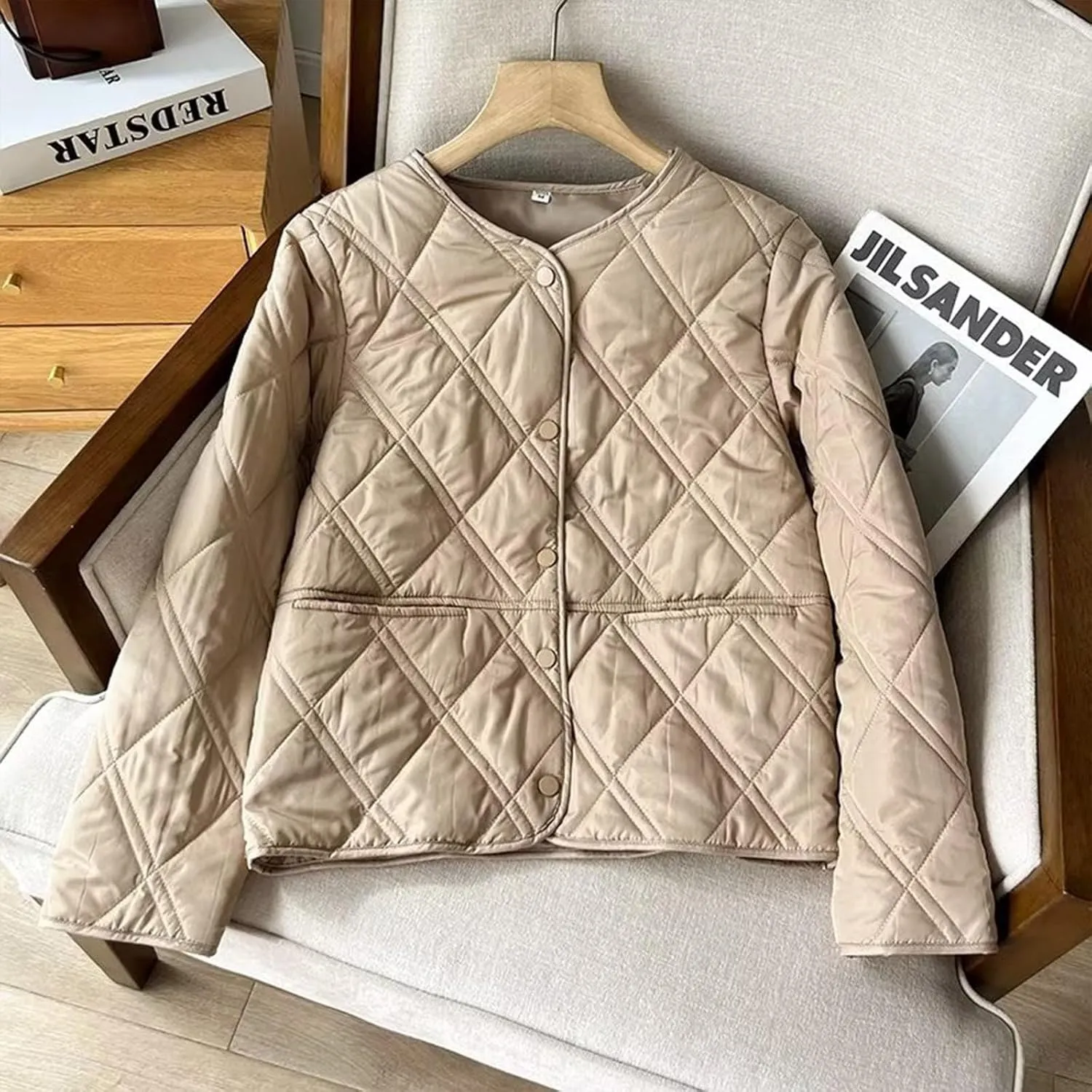 Fashion Diamond Plaid Round Neck Coat commensal weekend haunt pertain needle Tops Casual Single-Breasted Lightweight Blouse Jacket Women's Cotton Jacket 