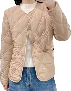 Fashion Diamond Plaid Round Neck Coat commensal weekend haunt pertain needle Tops Casual Single-Breasted Lightweight Blouse Jacket Women's Cotton Jacket 