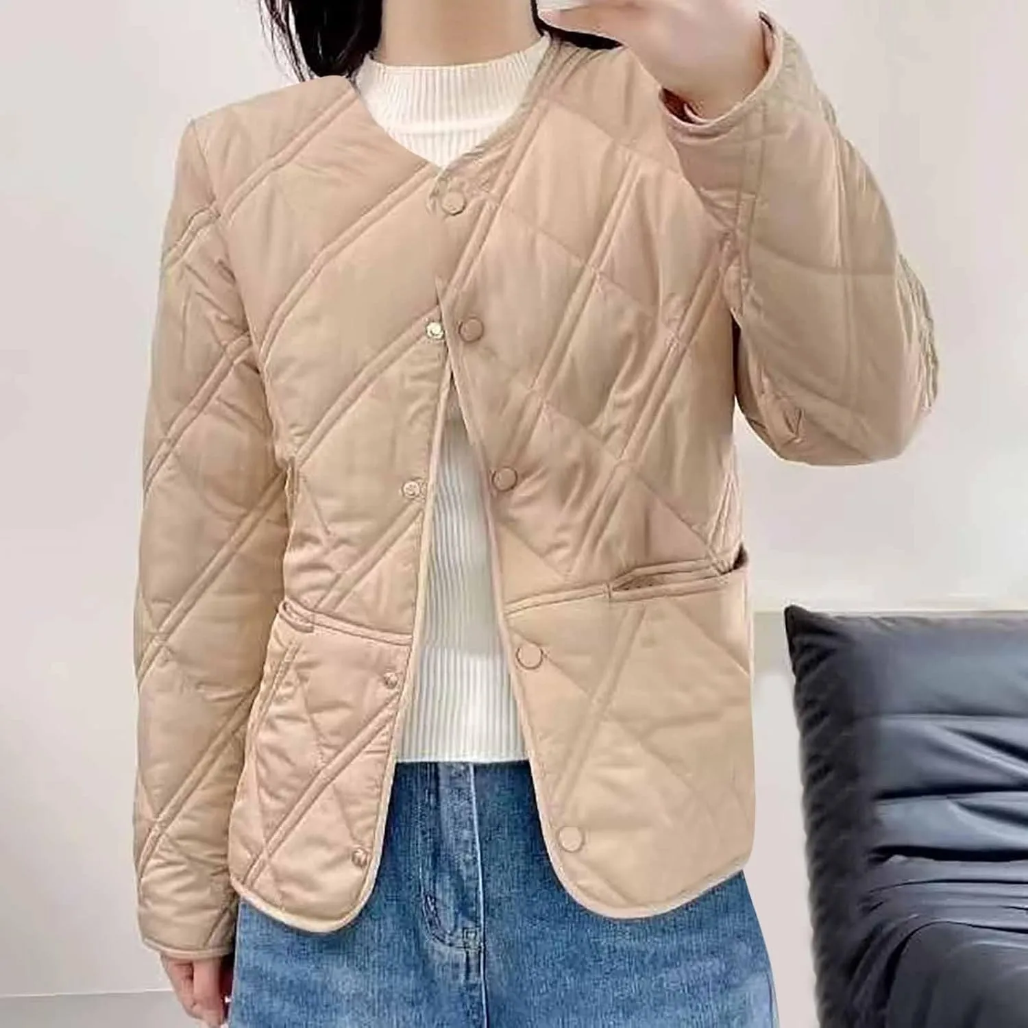 Fashion Diamond Plaid Round Neck Coat commensal weekend haunt pertain needle Tops Casual Single-Breasted Lightweight Blouse Jacket Women's Cotton Jacket 