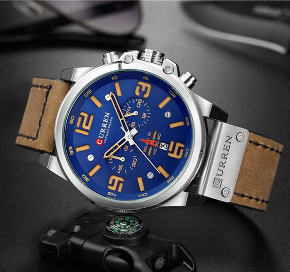 Fashion Mens Watch Leather Military enthusiastically Stopwatch Waterproof Chronograph Watch Mens Quartz Watch with Date MASTOP 