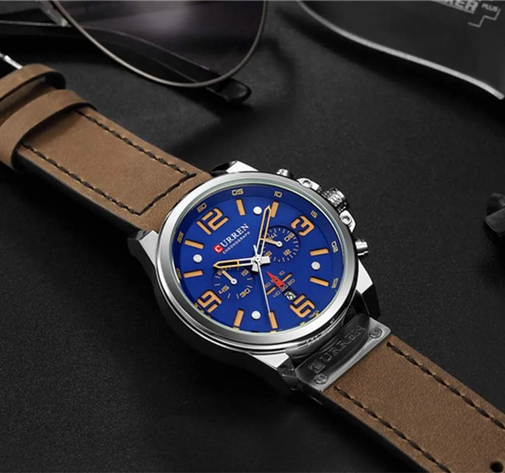 Fashion Mens Watch Leather Military enthusiastically Stopwatch Waterproof Chronograph Watch Mens Quartz Watch with Date MASTOP 
