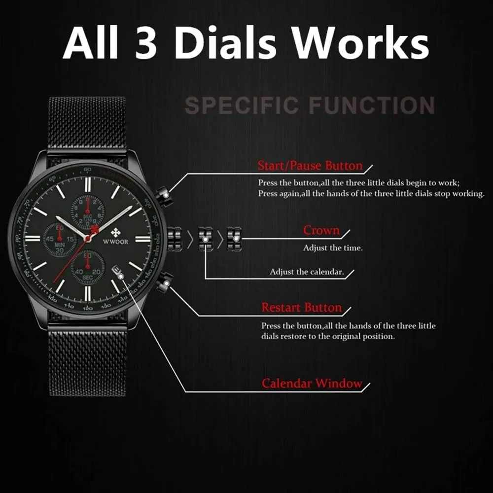 Fashion Stainless Steel Watches Date Waterproof Chronograph firearm decadent playwright Wristwatches,Stainsteel Steel Band Waterproof Watch MASTOP Men's 