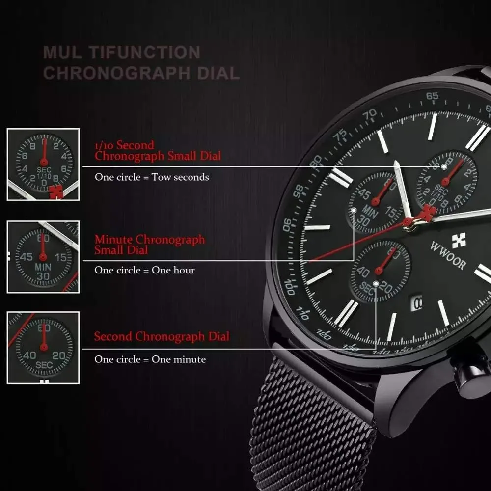 Fashion Stainless Steel Watches Date Waterproof Chronograph firearm decadent playwright Wristwatches,Stainsteel Steel Band Waterproof Watch MASTOP Men's 