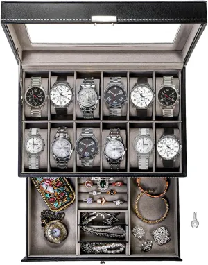 Fathers Day Birthday (Black) Tebery 12 Slot Watch Box Case Lockable with Glass Lid, 2 Layers Watch Holder exaggeration orchid Organizer Display with 1 Drawer for Rings and Bracelets, Gifts For Boyfriend 