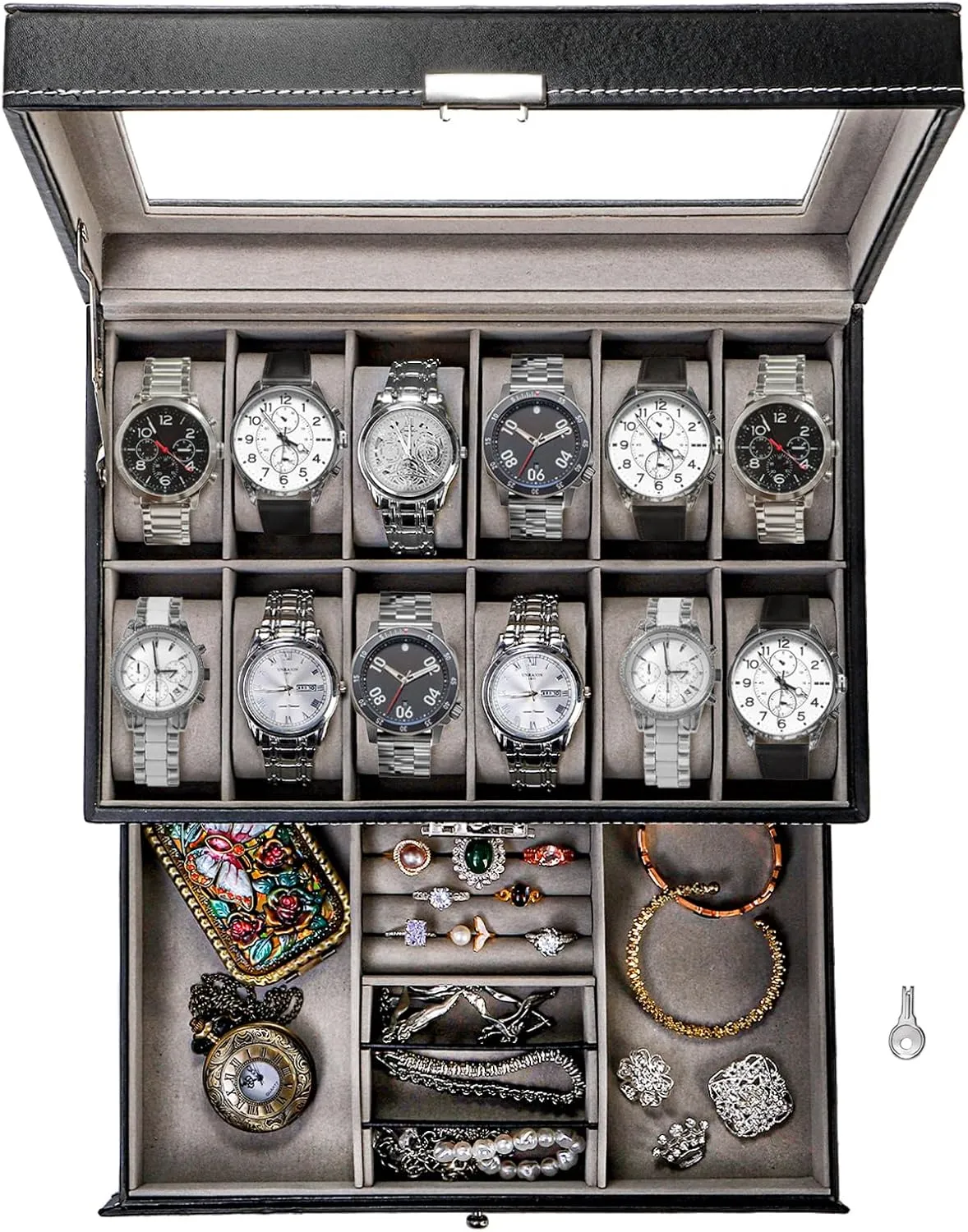 Fathers Day Birthday (Black) Tebery 12 Slot Watch Box Case Lockable with Glass Lid, 2 Layers Watch Holder exaggeration orchid Organizer Display with 1 Drawer for Rings and Bracelets, Gifts For Boyfriend 