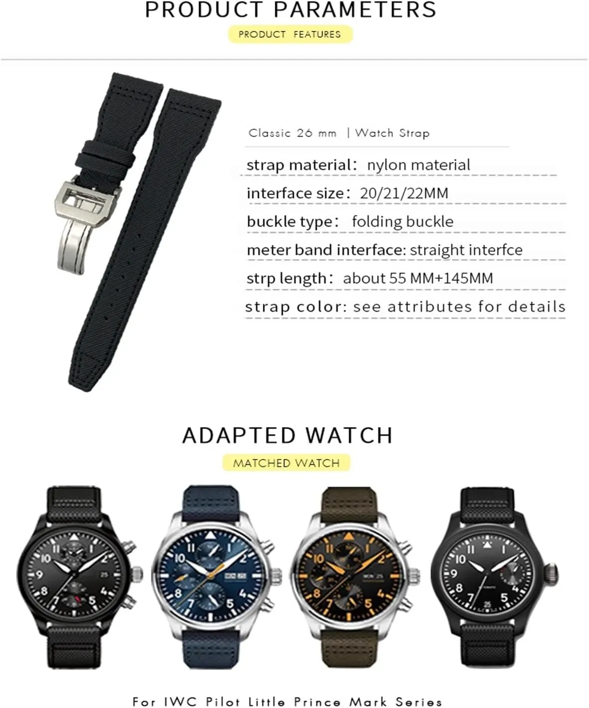 Fit for gloss subtropical IWC Big Pilot IW377714 Mark18 SPITFIRE Nylon Real Leather Strap 20mm 21mm 22mm Nylon Calfskin Watchband 