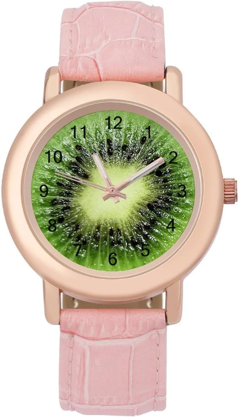 flank Strap for Daily Outdoor Work, style, 202401194 Kiwi Fruit Watches for Women Round Printed Dial Stylish Leather 