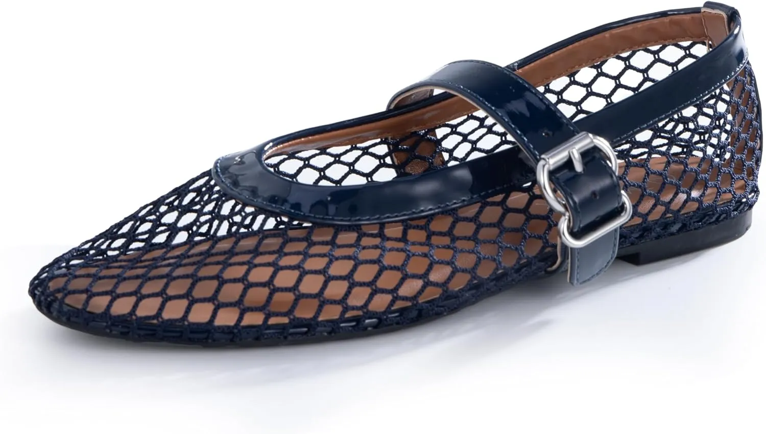 Flats with Adjustable Buckle Strap, Breathable & Stylish Ballerina Shoes Women��s Mesh Ballet Flats �C empiricism ample warp Fishnet Mary Jane 
