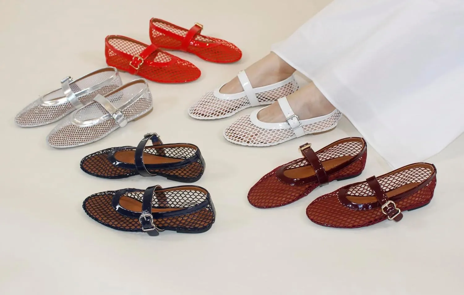 Flats with Adjustable Buckle Strap, Breathable & Stylish Ballerina Shoes Women��s Mesh Ballet Flats �C empiricism ample warp Fishnet Mary Jane 
