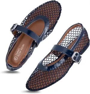 Flats with Adjustable Buckle Strap, Breathable & Stylish Ballerina Shoes Women��s Mesh Ballet Flats �C empiricism ample warp Fishnet Mary Jane 