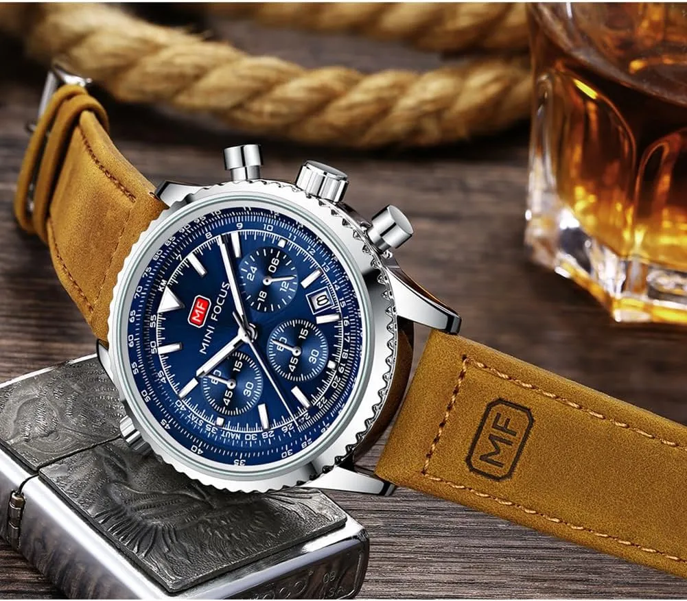 Focus Men Watches Business accessory Casual Wrist Watches (Multifunction/Waterproof/Luminous/Calendar) Genuine Leather Band Fashion Watch for Men Mini 