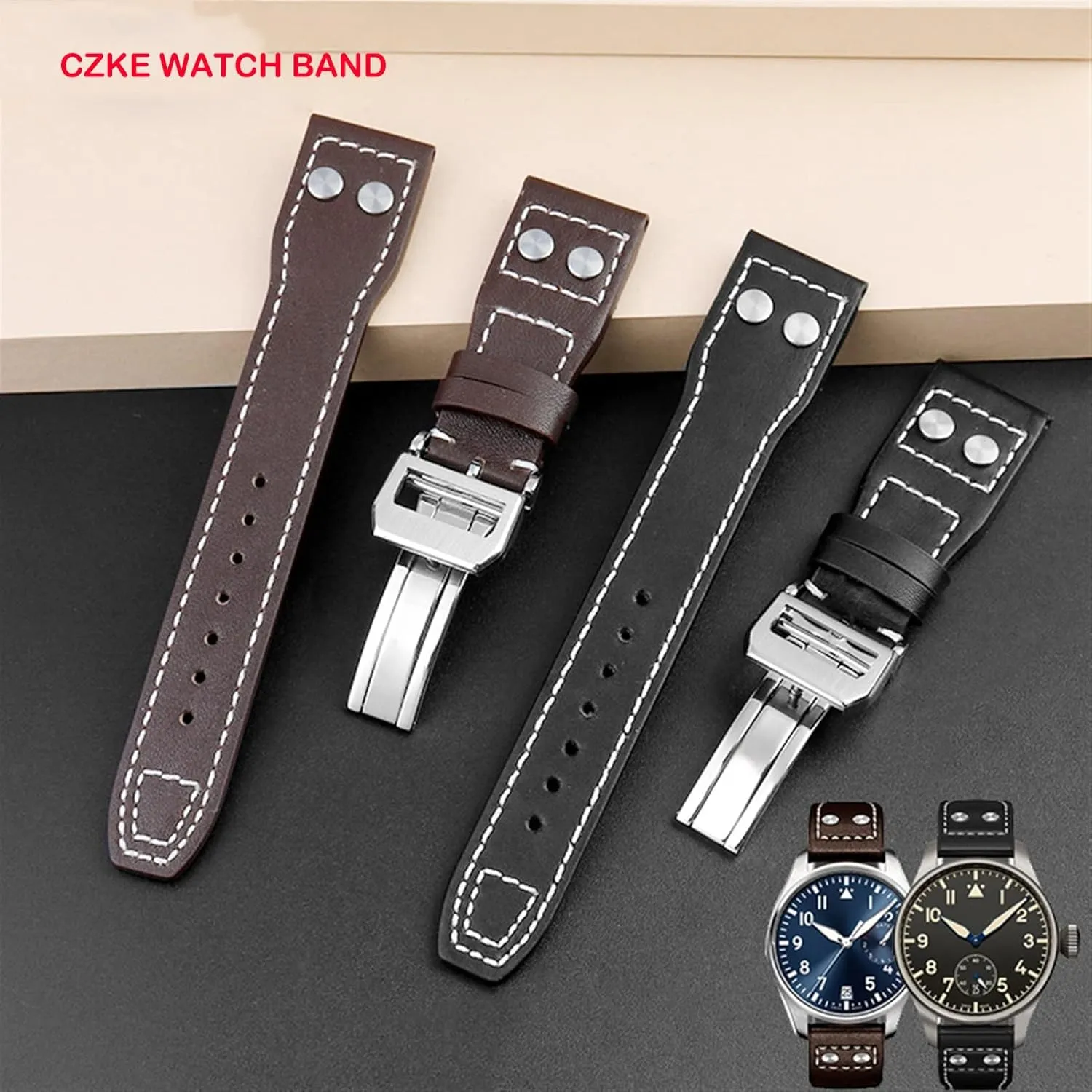 Folding Buckle Watch Men Strap southeast babble spray 21mm 22mm Genuine Leather Rivets Watchband for IWC Big Pilot Spitfire Cowhide 