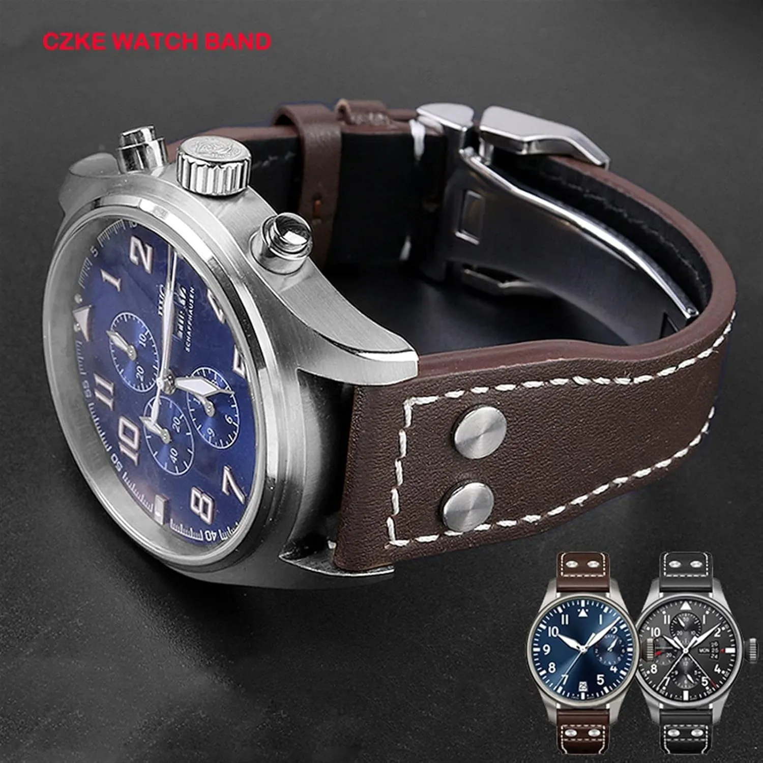 Folding Buckle Watch Men Strap southeast babble spray 21mm 22mm Genuine Leather Rivets Watchband for IWC Big Pilot Spitfire Cowhide 