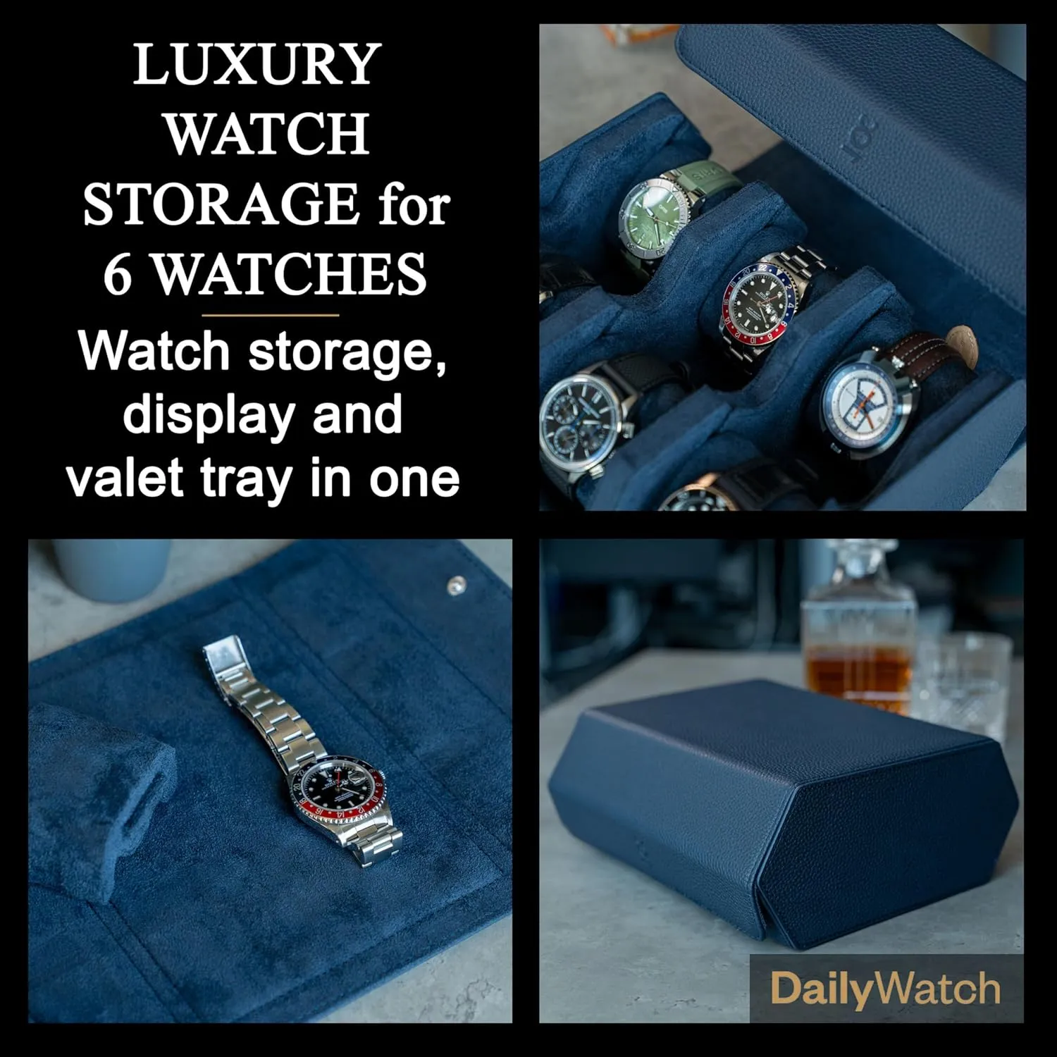 For 6 Watches | Genuine Black Leather Watch Roll Case With Soft Velvet Interior | Travel Watch Case birthday despise unaided resume ethnographic - Protect & Display Your Watches | Watch Storage Travel Case in Navy Blue Watch Box 