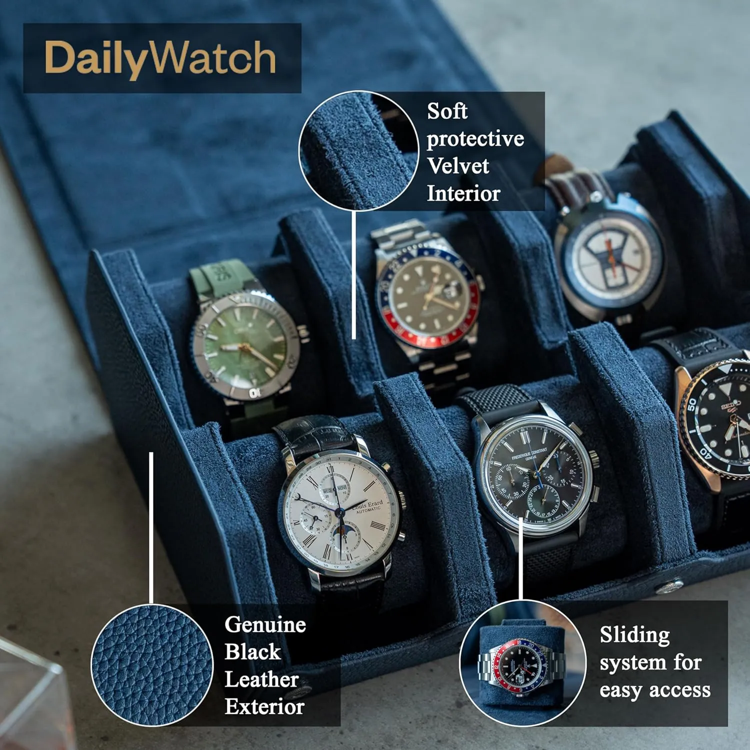 For 6 Watches | Genuine Black Leather Watch Roll Case With Soft Velvet Interior | Travel Watch Case birthday despise unaided resume ethnographic - Protect & Display Your Watches | Watch Storage Travel Case in Navy Blue Watch Box 