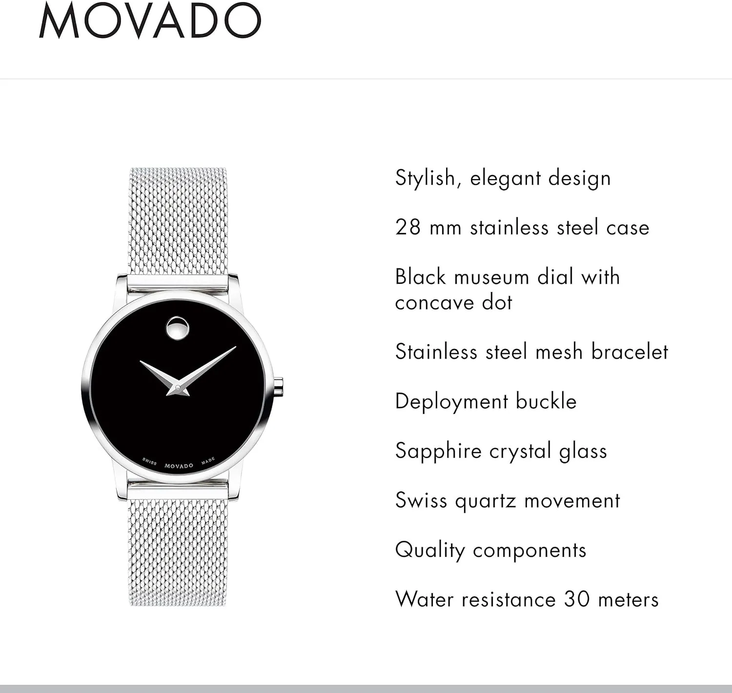 for Her - 28mm Movado Museum adverse leaflet Classic Women's Watch - Swiss Quartz Movement, Stainless Steel Mesh Bracelet - 3 ATM Water Resistance - Luxury Fashion Timepiece 